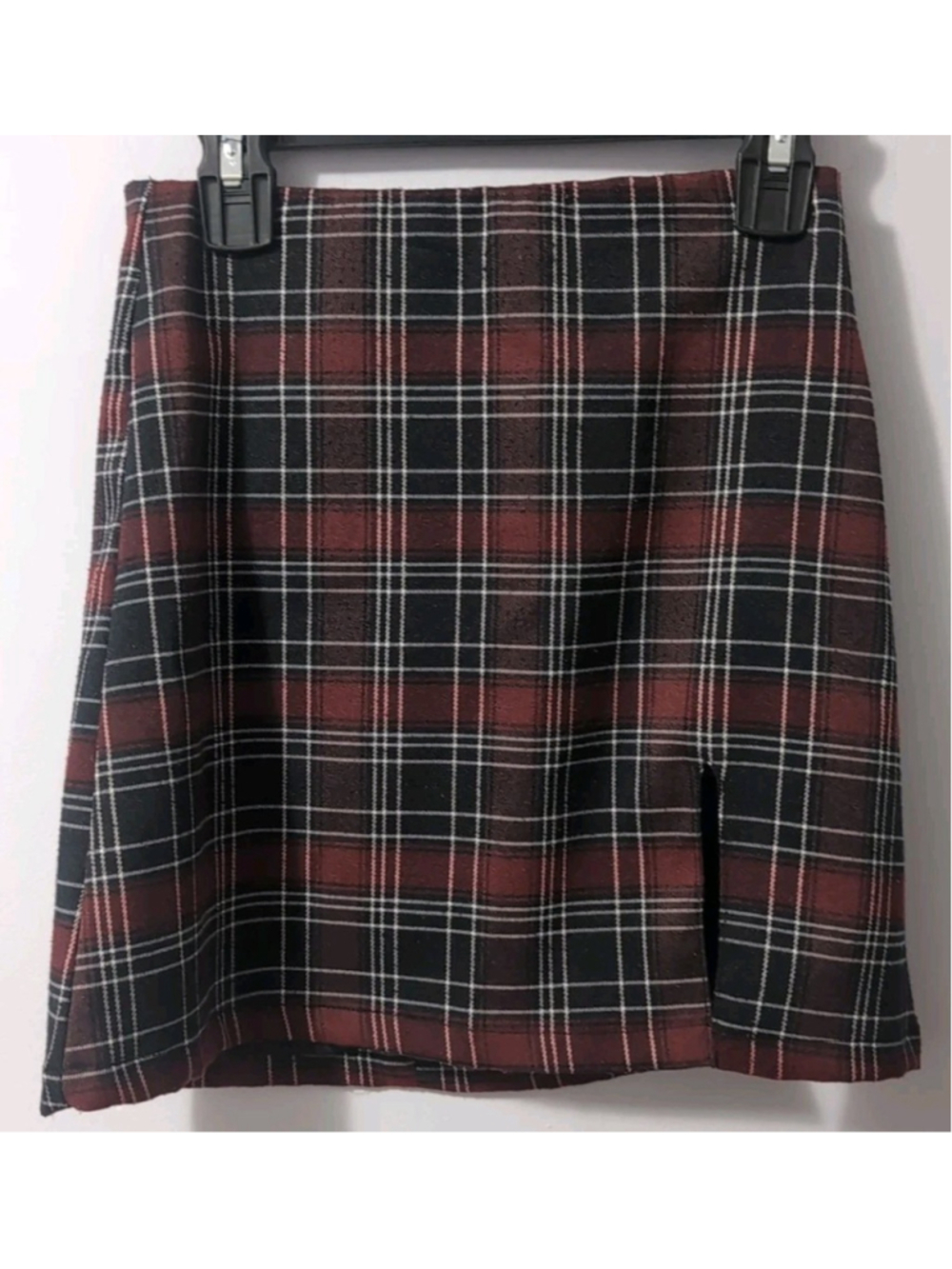 Tween Diva Girls Red Maroon Burgundy Black Stretch Plaid Mini Skirt W/Slit 7 Y2K